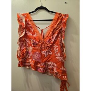 SHEIN Orange Floral Print Lace Trim Tie Neck Ruffle Sleeve Top Women's Size L